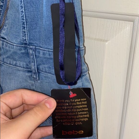 Bebe Off The Shoulder Denim Distressed Romper Contemporary Feminine Festival - Picture 6 of 16